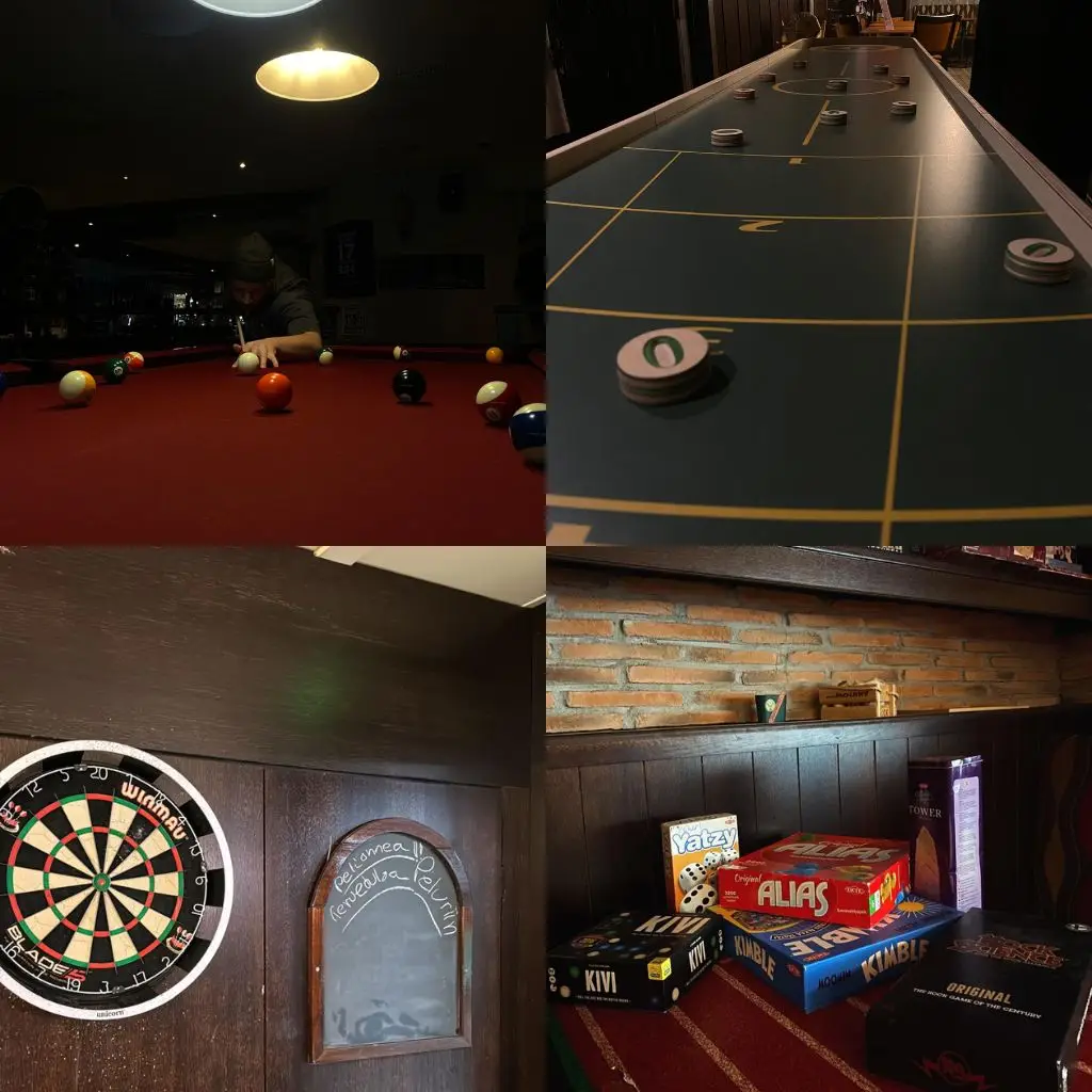 kuvakollaasi erilaisista peleistä, biljardi, pöytäcurling, darts ja lautapelejä
